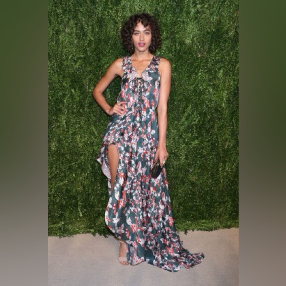 TANYA TAYLOR Silk Stripe Green Floral Print High-Slit Oksana Maxi Dress Size 2